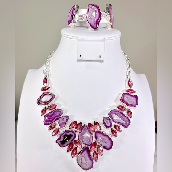 Pink Solar Quartz 925 Large Gemstone Necklace & Bracelet - Picture 1 of 7